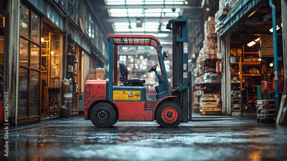 A forklift in a warehouse, surrounded by shelves and boxes, showcasing industrial activity. A forklift in a warehouse, surrounded by shelves and boxes, showcasing industrial activity.