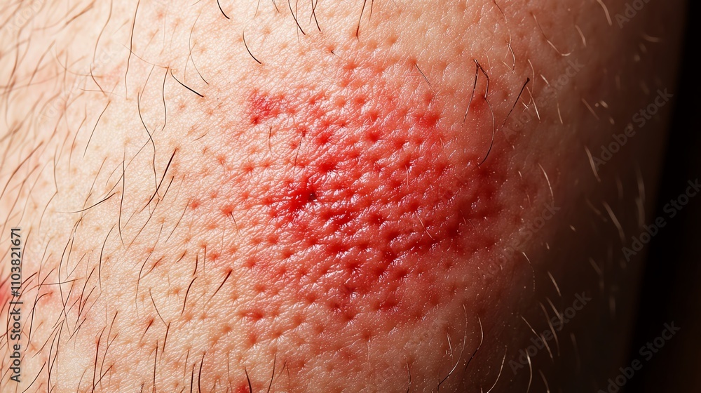 Fototapeta premium Close-up of a skin condition with redness and irritation on a leg.