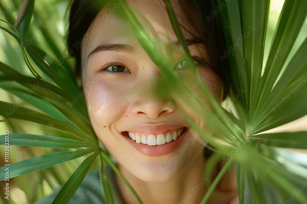 young cute asian women smiling with green plant young cute asian women smiling with green plant