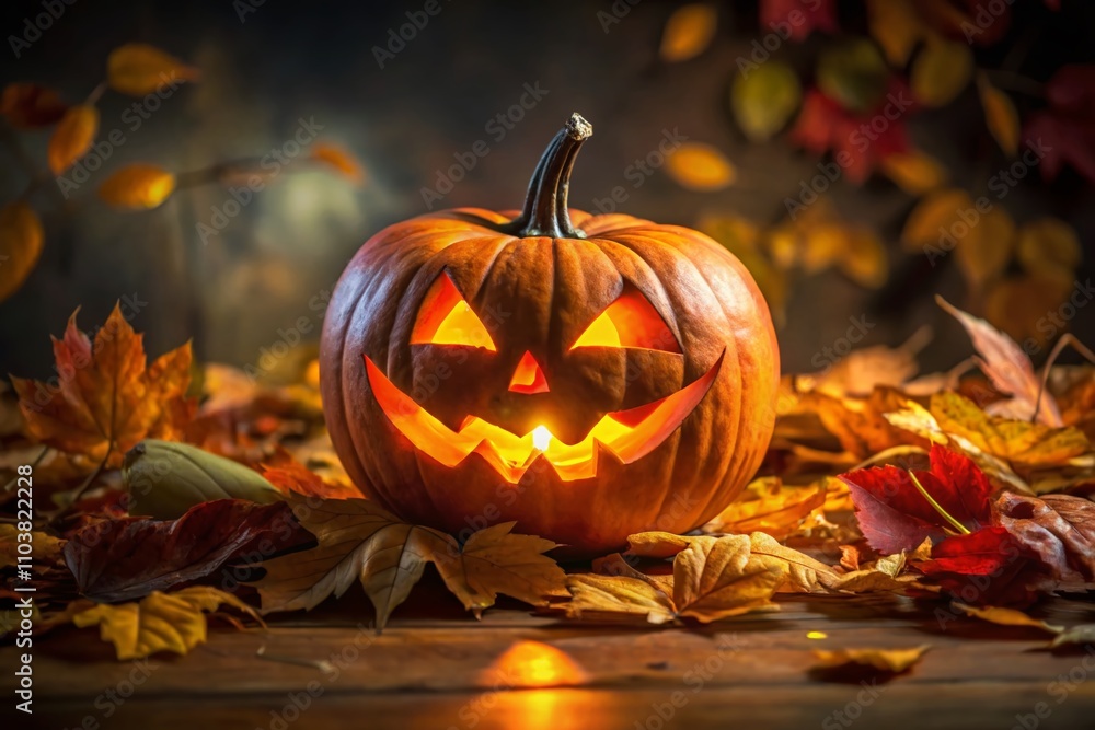 Spooky Halloween Pumpkin Glow: A High Depth of Field Image Capturing the Eerie Beauty of a Carved Jack-o'-Lantern Glowing in the Dark Amidst Autumn Leaves and Shadows Spooky Halloween Pumpkin Glow: A High Depth of Field Image Capturing the Eerie Beauty of a Carved Jack-o'-Lantern Glowing in the Dark Amidst Autumn Leaves and Shadows