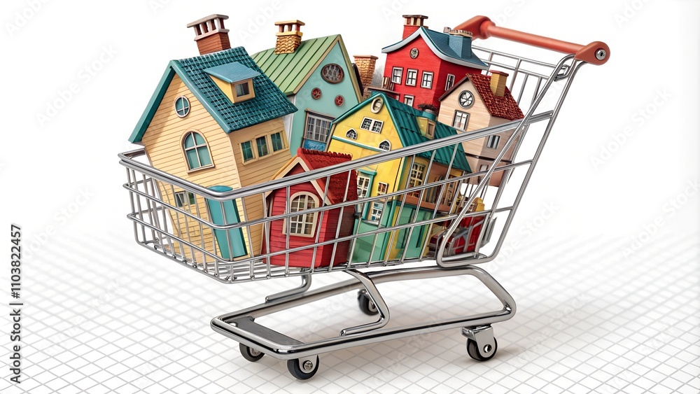 Supermarket cart full of small houses on transparent background
Supermarket cart full of small houses on transparent background