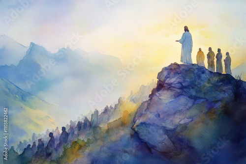 Jesus on a mountain, delivering the Beatitudes to a crowd below. The watercolor uses soft pastel blues and yellows to evoke calmness, divine teachings, and hope.