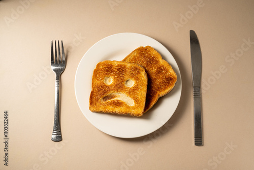 Photos Gluten food, slice of toasted bread with sad face