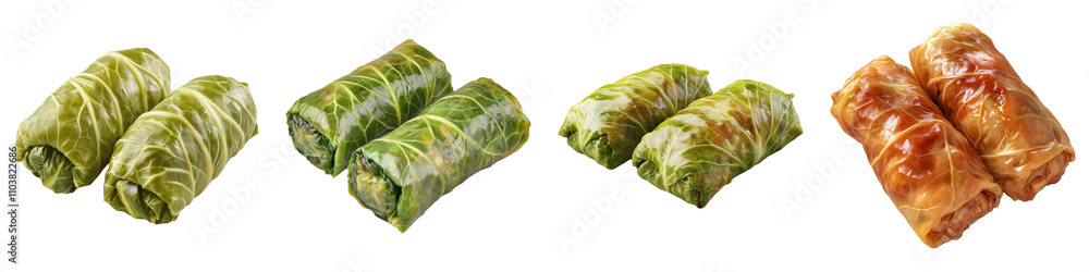 Three stuffed cabbage rolls ready to eat isolated on transparent background, Set of Three stuffed cabbage rolls ready to eat isolated on transparent background, Set of