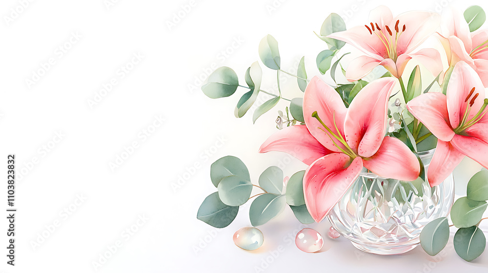 Obraz premium beautiful watercolor art of wedding centerpiece featuring pink lilies and eucalyptus leaves, creating serene and elegant atmosphere