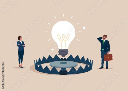 Business people and light bulb above metal steel bear trap. Idea theft and expensive light bulb. Flat vector illustration