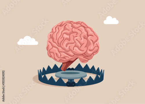 Human brain above metal steel bear trap. Anxiety, limiting thoughts. Burnout or no inspiration. Flat vector illustration. 