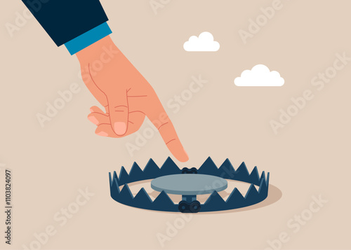 Risk and danger. Businessman finger pointing at empty metallic trap. Flat vector illustration. 
