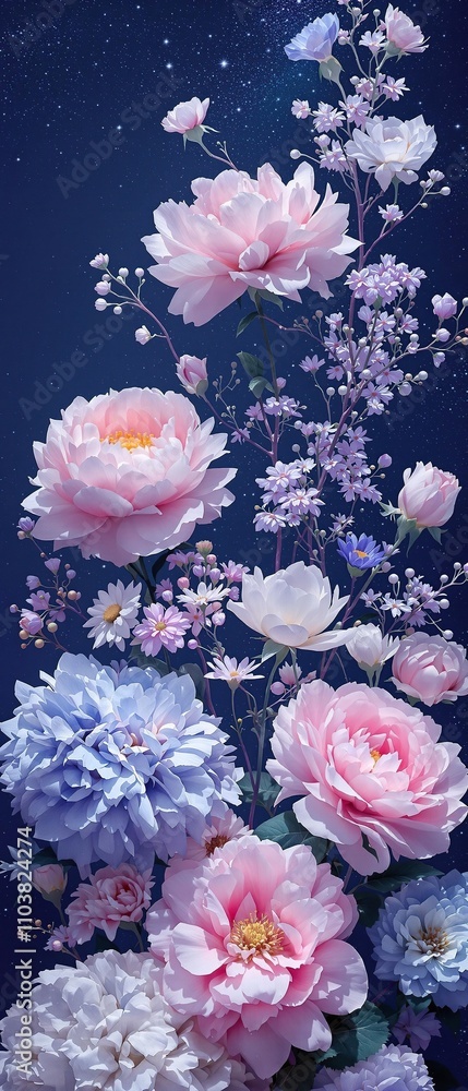 Artistic and elegant display of white, pink, and blue flowers on a dark background, blooms, contrast, beauty, elegant, nature Artistic and elegant display of white, pink, and blue flowers on a dark background, blooms, contrast, beauty, elegant, nature