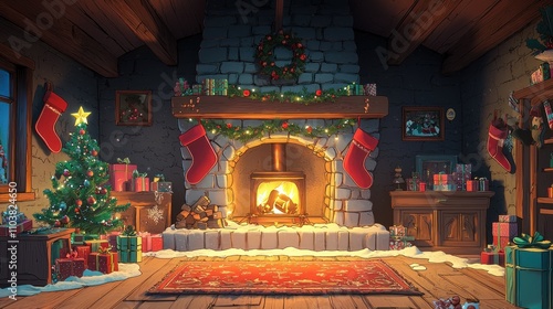 A fun and playful cartoon scene featuring a fireplace decorated for Christmas, complete with stockings and holiday cheer.