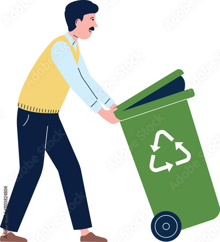 A man is holding a green trash can and pushing it
