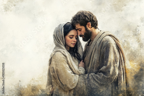 A tender digital watercolor scene of Joseph and Mary, Mary visibly pregnant with Jesus, standing in a peaceful environment. Joseph supports her lovingly as they prepare for their journey to Bethlehem.