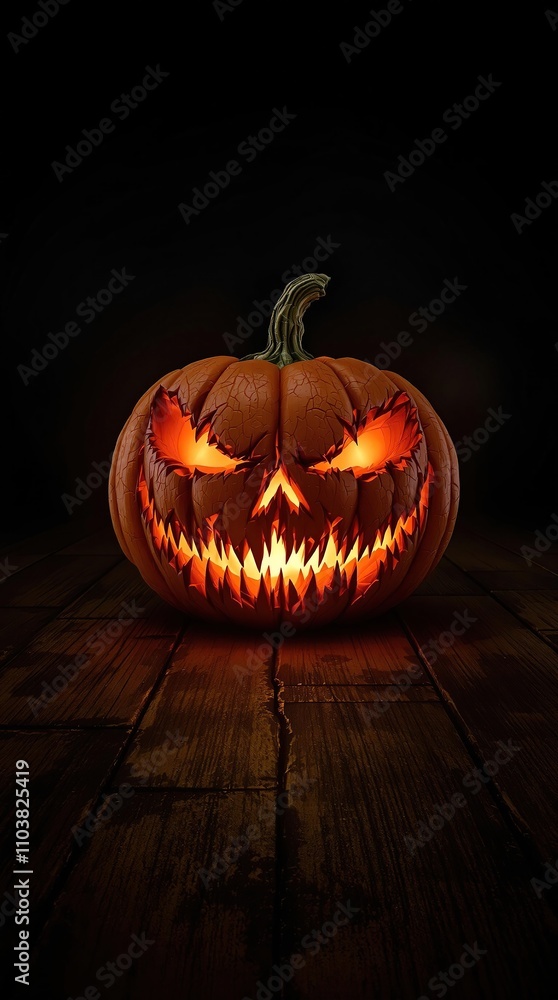 A single scary halloween pumpkin placed on a wooden board with a subtle and eerie lighting effect, fall atmosphere, wooden boards, autumn decor, spooky ambiance, soft lighting A single scary halloween pumpkin placed on a wooden board with a subtle and eerie lighting effect, fall atmosphere, wooden boards, autumn decor, spooky ambiance, soft lighting