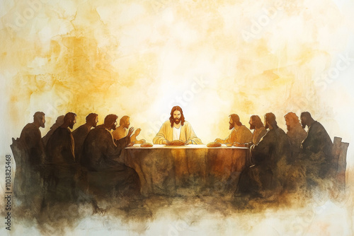 A glowing watercolor of Jesus seated at the Last Supper, breaking bread. The scene features muted browns, soft whites, and warm golden tones to emphasize the sacred moment.