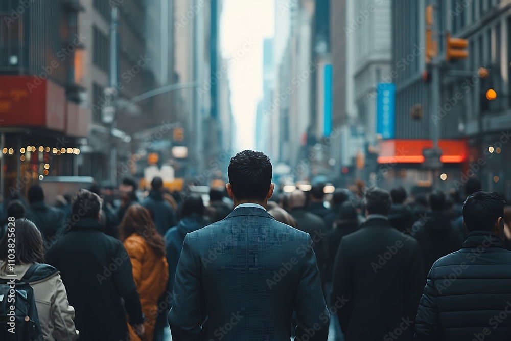 Obraz premium Determined Man Walking Through City Rush Hour Crowd