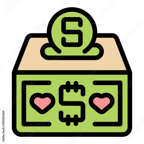 Green donation box receiving a coin, decorated with hearts and dollar symbol, symbolizing charity, philanthropy, and generosity