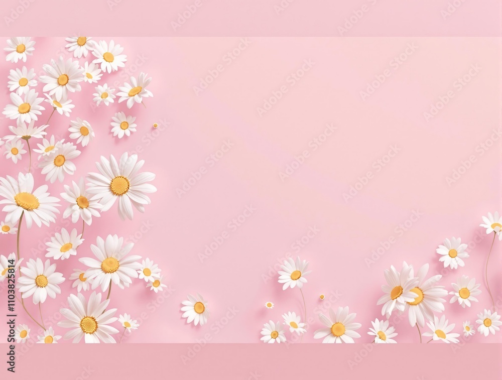 Artistic composition of white daisies scattered on a pink illustration, decorative, design Artistic composition of white daisies scattered on a pink illustration, decorative, design