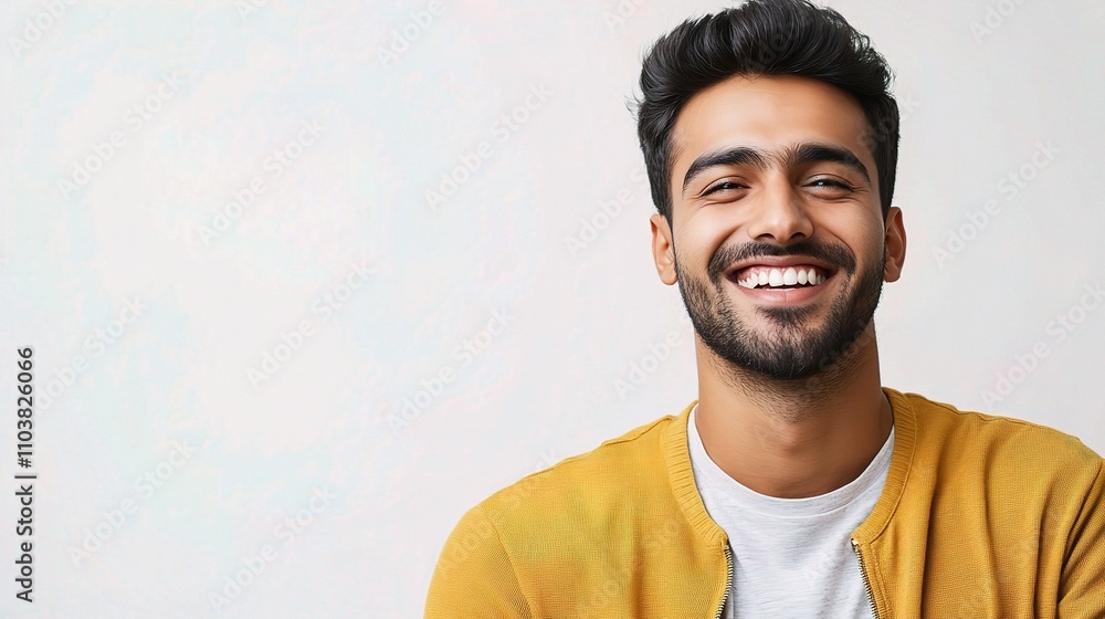 Obraz premium Happy Young Man Smiling in Casual Attire Against Light Background