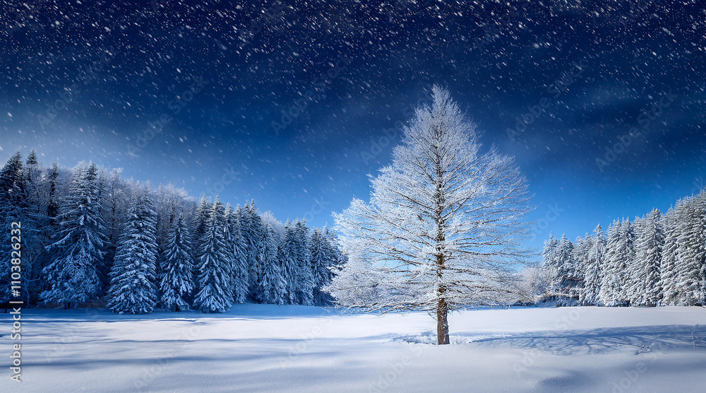 Magical winter landscape with snow-covered trees, a frosty tree under a starry night sky, and snowfall...... Magical winter landscape with snow-covered trees, a frosty tree under a starry night sky, and snowfall......