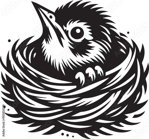 A stylized bird nestled in its intricate nest. A black and white, detailed illustration of a small bird within a densely woven nest.