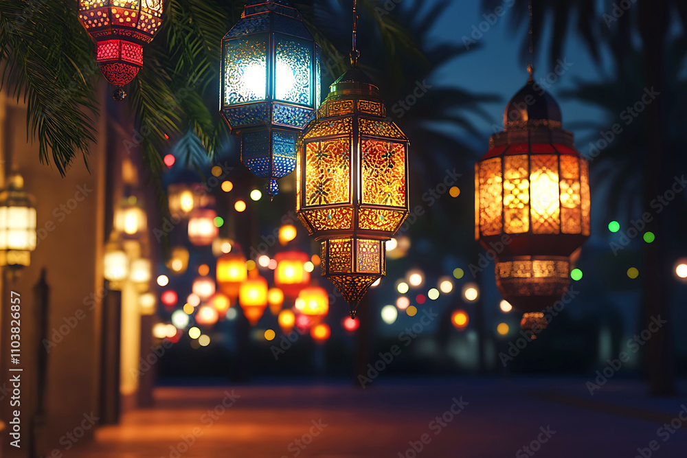 Fototapeta premium Islamic ramadan kareem celebration lantern with beautiful bokeh lights in the background.