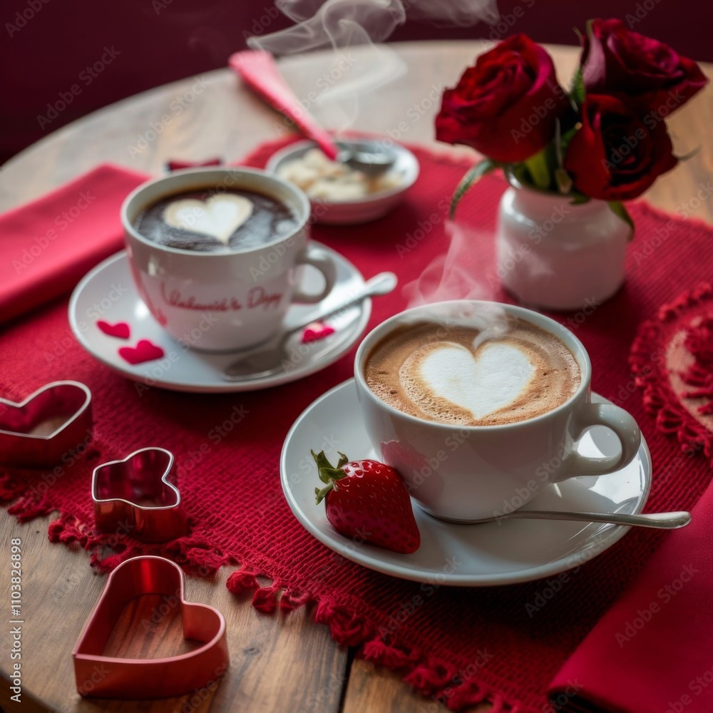 Valentine Day cups of coffee with rose on table Valentine Day cups of coffee with rose on table