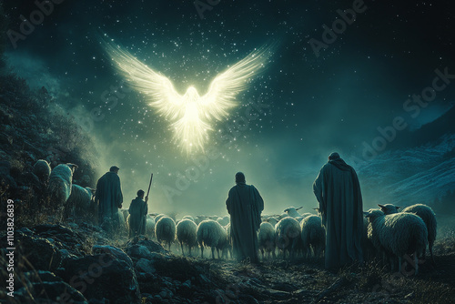 A serene scene of shepherds watching a glowing angel in the night sky, their faces filled with awe and wonder, while their flock of sheep stands quietly in the background, bathed in soft light
