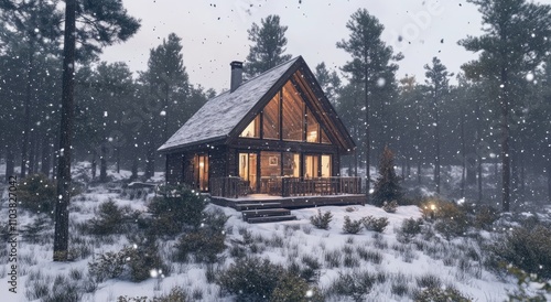 Cozy log cabin in a snowy forest with snow falling, a rustic winter home in the woods