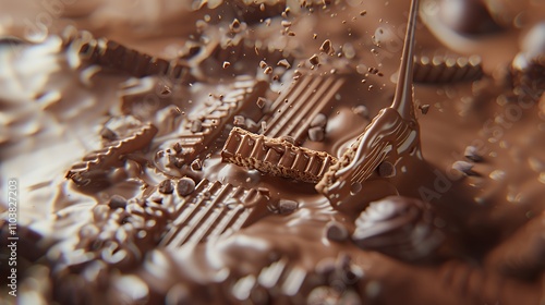A close-up of melted chocolate with various chocolate treats and splashes.