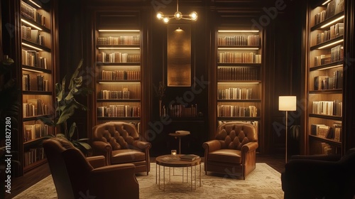 A sophisticated background showing a luxurious private library with dark wooden bookshelves, plush leather chairs, and warm golden lighting, exuding relaxation and intellect, 16:9 photo