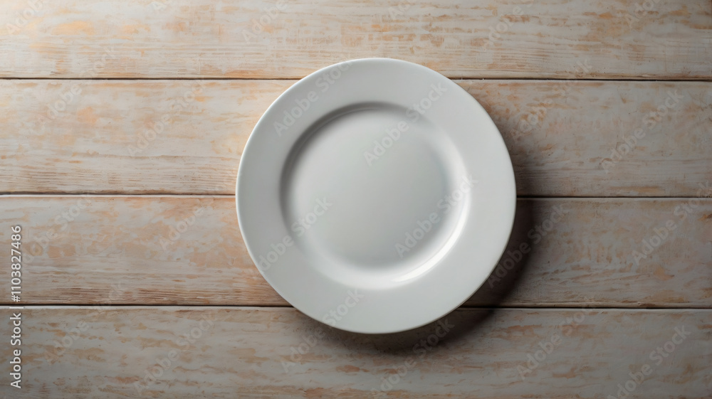 Top view of white empty plate on light wooden table Top view of white empty plate on light wooden table
