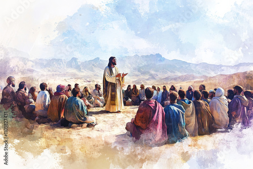 A digital watercolor painting of Jesus teaching a crowd in Judea, surrounded by His disciples. The scene captures the vast desert landscape, with soft hues and divine light shining on Jesus, as He