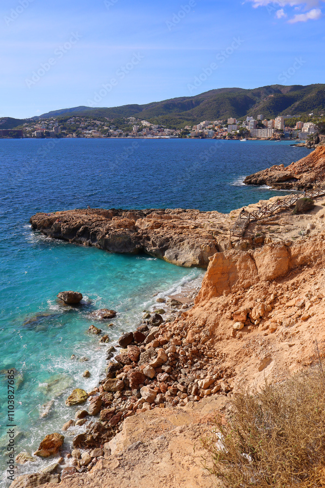 Punta des Grells Beach in sunny day in Palma, Mallorca, Spain Punta des Grells Beach in sunny day in Palma, Mallorca, Spain