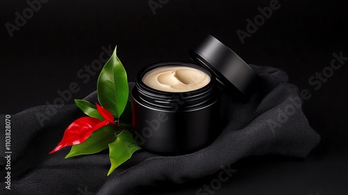 Natural skincare cream in black jar with green leaves on black background. photo