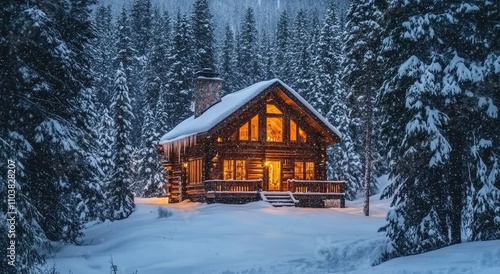 A cozy cabin nestled in the snowy forest, with snow-covered trees and warm light emanating from its windows