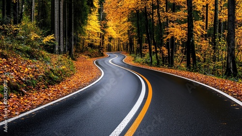 Scenic winding road surrounded by vibrant autumn foliage and trees.