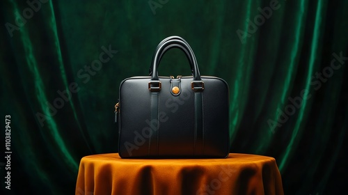 Stylish black leather briefcase on a round table against a rich green fabric backdrop. photo