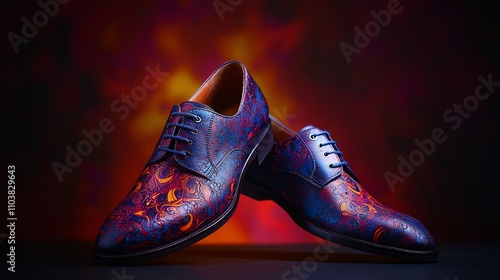 Stylish dress shoes with colorful patterns on a dramatic background.