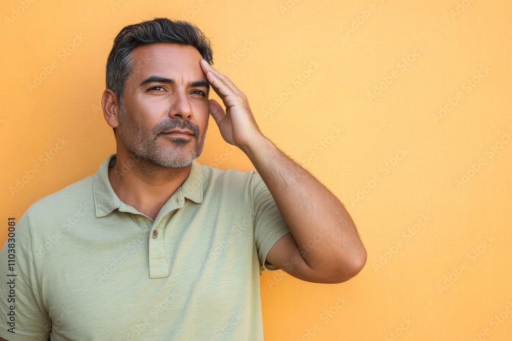 A Hispanic middle-aged man with well-hydrated skin lightly touching his temple, dressed casually against a plain, warm-toned background with gentle lighting A Hispanic middle-aged man with well-hydrated skin lightly touching his temple, dressed casually against a plain, warm-toned background with gentle lighting