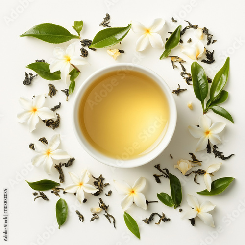 Cup of jasmine tea with flowers and tea leaves on white background