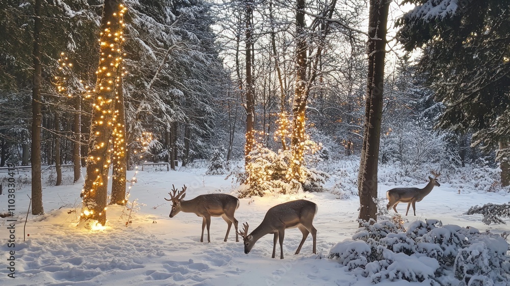 A tranquil snowy forest scene showcasing deer grazing in the snow, with distant Christmas lights twinkling among the trees. A tranquil snowy forest scene showcasing deer grazing in the snow, with distant Christmas lights twinkling among the trees.