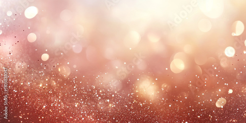 Rose gold glitter sparkle background with warm, radiant tones. Defocused light highlights the soft shimmer and reflective bokeh.