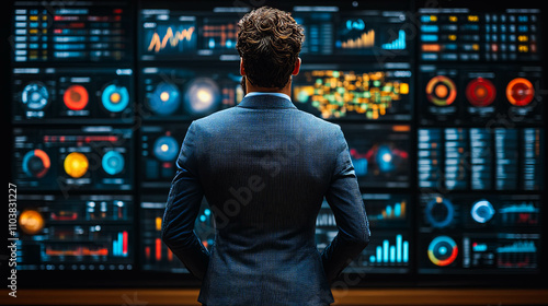 A professional in a suit standing before a wall of vibrant digital data dashboards, showcasing analytics, graphs, and statistics in a modern workspace