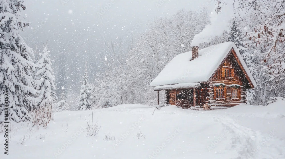 A picturesque snowy landscape featuring a decorated cabin with smoke curling from the chimney and snowflakes gently falling. A picturesque snowy landscape featuring a decorated cabin with smoke curling from the chimney and snowflakes gently falling.