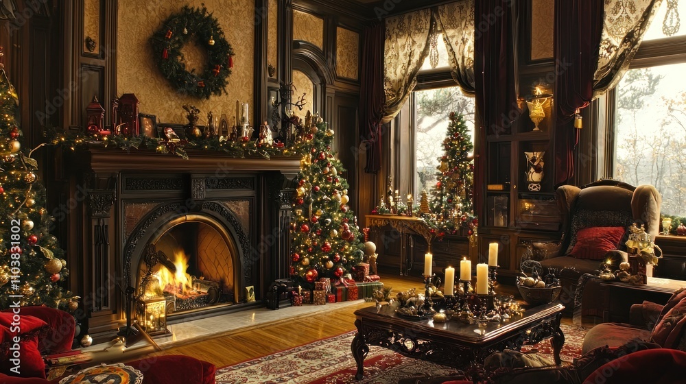 custom made wallpaper toronto digitalA classic Victorian living room with opulent decorations, including a grand fireplace, lace accents, and rich color palettes for the holidays.