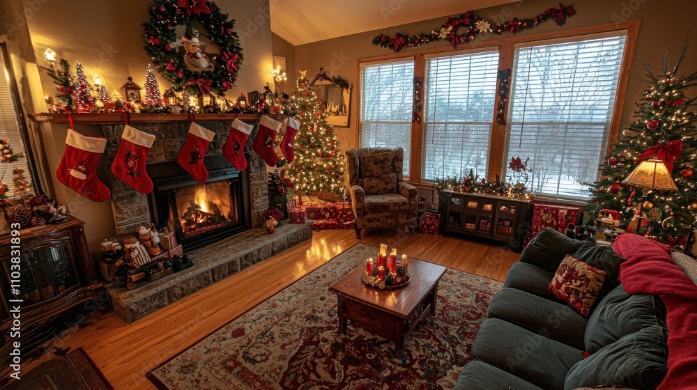 A warm living room filled with the spirit of Christmas, featuring a crackling fire, stockings hung on the mantle, and soft holiday music playing. A warm living room filled with the spirit of Christmas, featuring a crackling fire, stockings hung on the mantle, and soft holiday music playing.