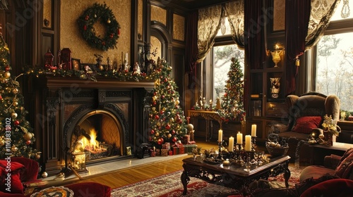 Wallpaper Mural A classic Victorian living room with opulent decorations, including a grand fireplace, lace accents, and rich color palettes for the holidays. Torontodigital.ca