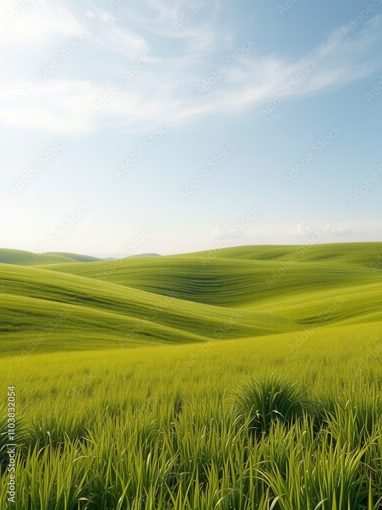 Naklejka premium Rolling hills of lush green grass in a countryside meadow, scenic view, countryside views, outdoor scenery