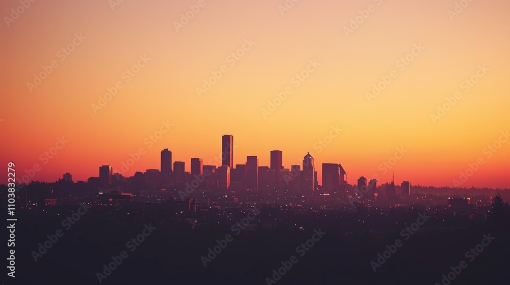 Naklejka premium Golden hour urban skyline, pastel skies with warm tones, sharp building details, high contrast 