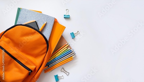 Top View of Orange School Backpack with Books and Stationery on White Background Isolated. Back to School Concept. Banner with Copy Space.